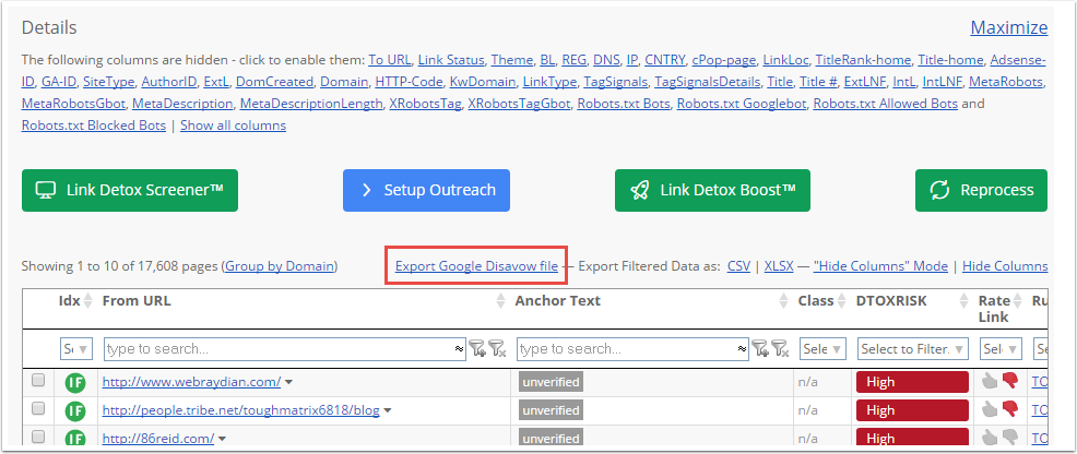 4. Export der Disavow-Datei in die Google Search Console