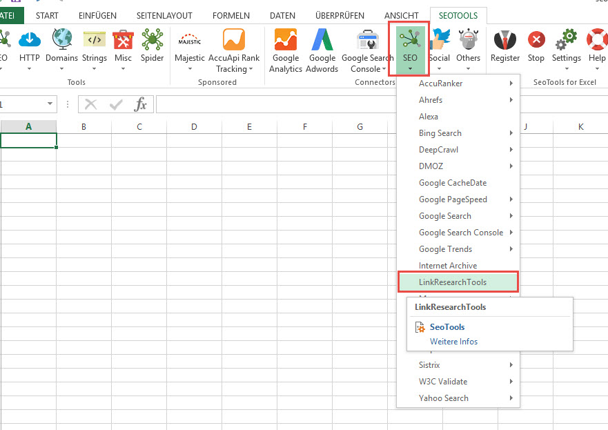 LinkResearchTools Integration in SEOTools for Excel