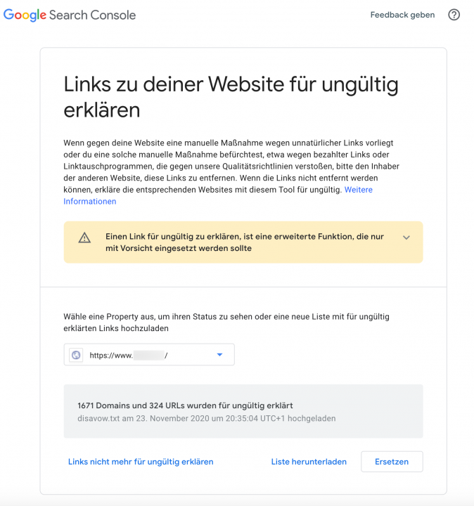 1. Herunterladen Ihrer Disavow-Datei von der Google Search Console