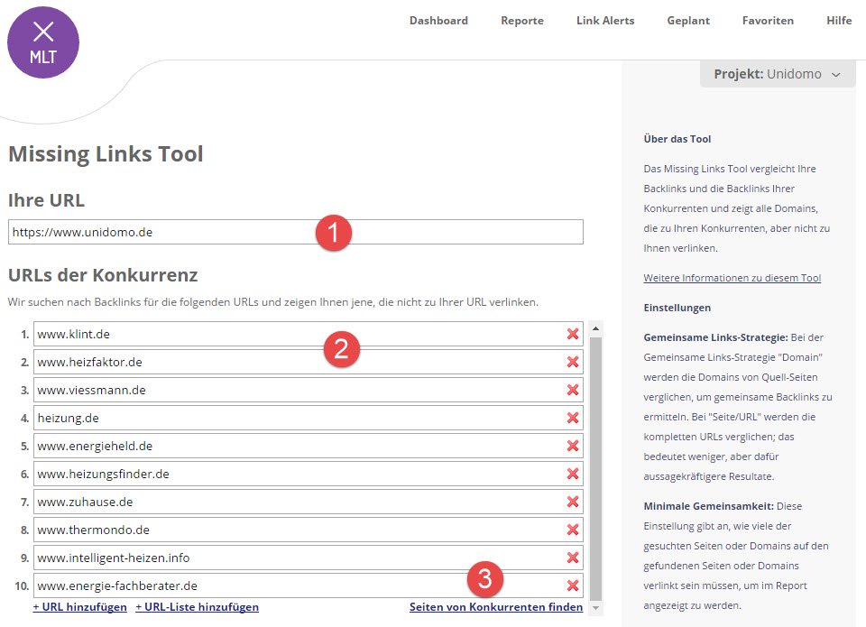  Missing Link Tool Report einrichten