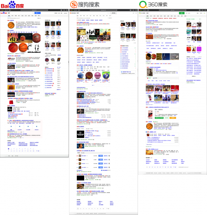 SERP Seite 1 der chinesischen Suchmaschinen Baidu, Sogou und 360search