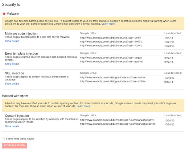 Google Search Console (Google Webmaster Tools) security issues